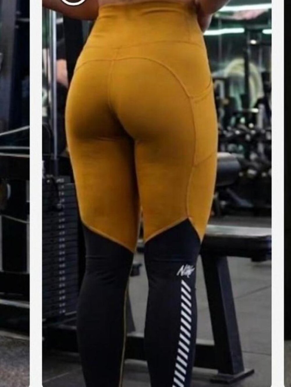 Nike Dri-Fit Mustard Yellow Black Graphic Colorblock Leggings Size L - Picture 4 of 9